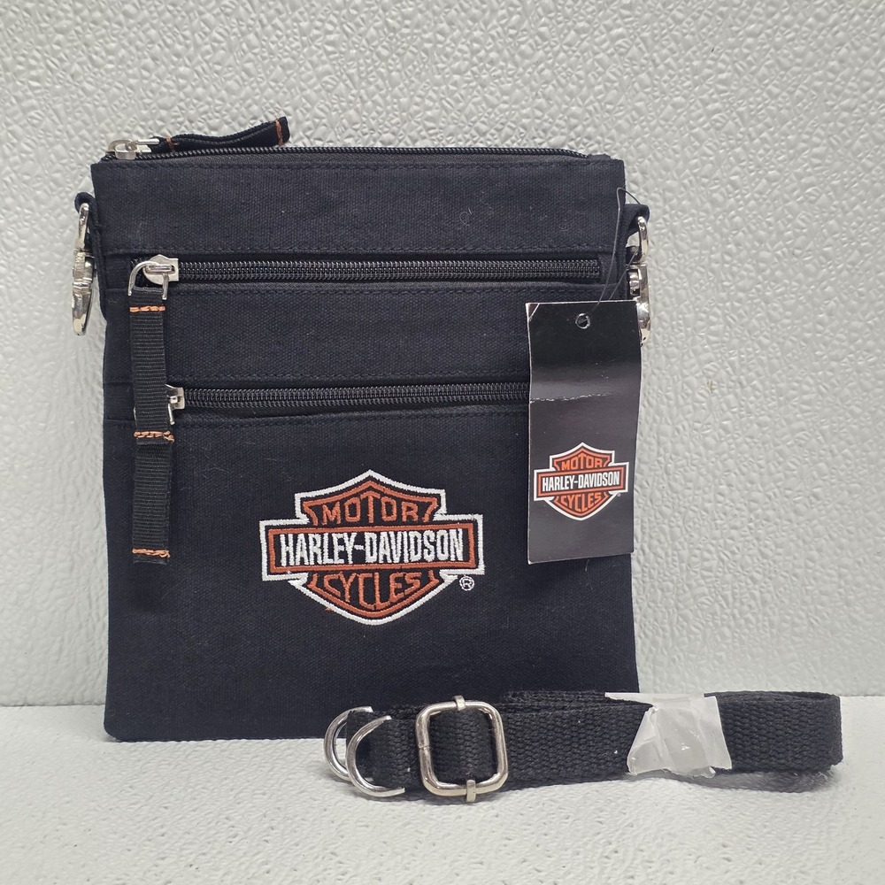 Harley Davidson Canvas Purse Hip Bag w/ Metal Clips & Black Crossbody Strap
